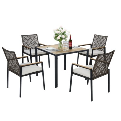 All Weather 5-Piece Patio Dining Table Sets,Patio Conversation Set Acacia Wood Table Top with Umbrella Hole, Rattan Outdoor- Maison Boucle