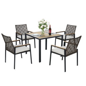 All Weather 5-Piece Patio Dining Table Sets,Patio Conversation Set Acacia Wood Table Top with Umbrella Hole, Rattan Outdoor- Maison Boucle - 1 of 4