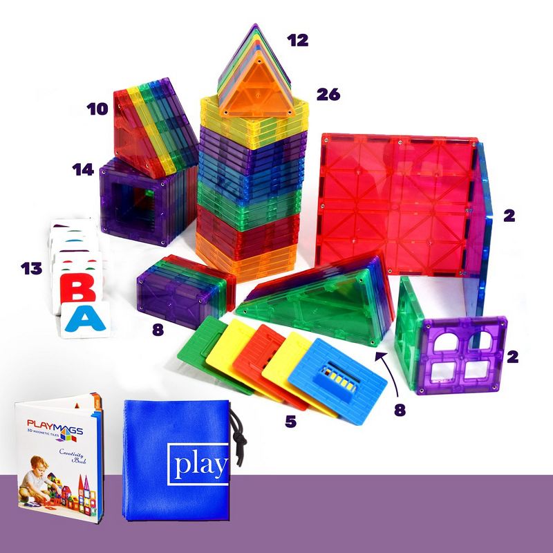 Playmags 100-Piece Magnetic Tiles Building Blocks Set, 3D Magnet Tiles for Kids, 3 of 5