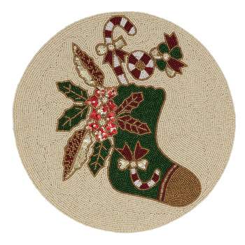 Saro Lifestyle Beaded Christmas Stocking Placemat, 15" Round, Red/Green (Set of 4)