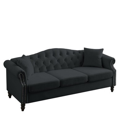 TiramisuBest 58.8" 2-Seater Tufted Velvet Sofa with Rolled Arms & Nailhead Trim, Black for Living Room,Bedroom & Office-2 Pillows