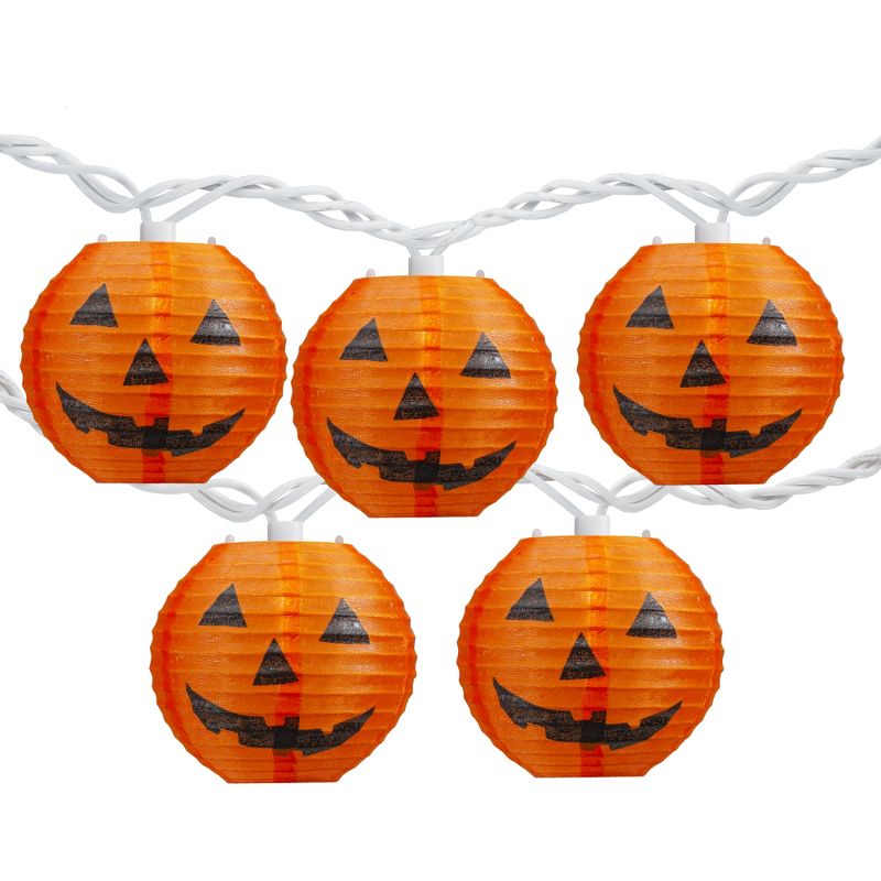 Northlight 10-Count Orange Jack-O-Lantern Paper Lantern Halloween Lights, 8.5ft White Wire, 1 of 5