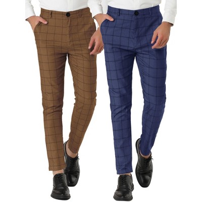 Lars Amadeus Men's Plaid Printed Slim Fit Flat Front Business Checked Trousers 2 Packs