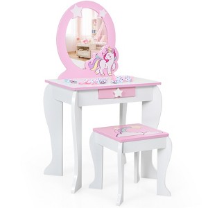 Infans Kids Vanity Makeup Dressing Table Chair Set Wooden W/ Mirror Drawer - 1 of 4