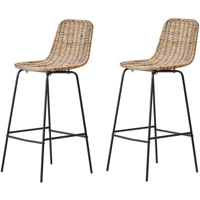 Set of 2 Metal and Fiber Bar Stools, Exotic Boho , Dining Room, GRIS