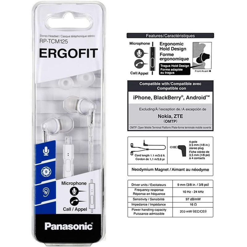 PANASONIC ErgoFit Earbud Headphones with Microphone RP-TCM125-W WHITE, 1 of 2