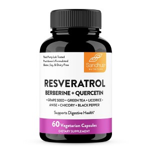 Sandhu's Resveratrol with Berberine for Gut Health, Digestive Supplement for Women & Men, Eases Bloating, 60 Capsules - 1 of 4