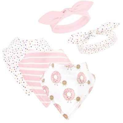 Image of Hudson Baby Infant Girl Cotton Bib and Headband Set 5pk, Donut Hole