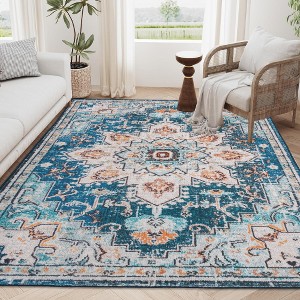 Lyngins Vintage Floral Area Rug, Machine Washable Rug for Living Room, Ultra-Soft Faux Cashmere, Vintage Rug (No Shedding), Blue/Beige - 1 of 4