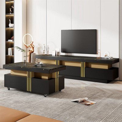 Modern Luxury TV Stand And Coffee Table Set Of 2, High Gloss Faux Marble Top, TV Stand Up To 78'', Rectangle Coffee Table With Caster Wheels