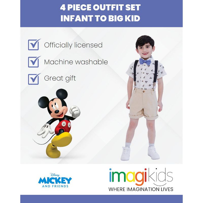 Disney Mickey Mouse Button Down Shirt Twill Pants Suspenders and Bow-Tie 4 Piece Outfit Set Infant to Little Kid, 2 of 8