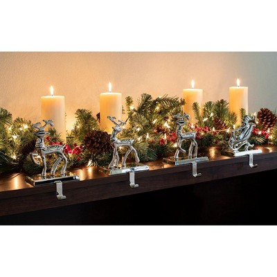 Silver Reindeer and Santa Claus Metal Stocking Holder Set
