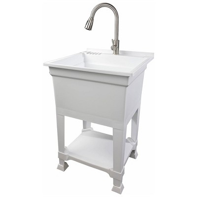 UTILITYSINKS Plastic 30 Inches Freestanding Utility Tub Sink with Heavy  Duty Stainless Steel Pull Faucet for Garage, Laundry Room, and Garden, White