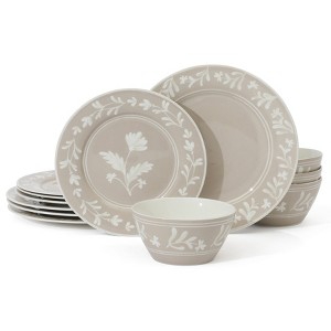 Martha Stewart Maiden Crown 12-Piece Dinnerware Set – Vegan Bone China Ceramic with Floral Design – Service for 4 - 1 of 4