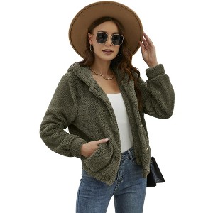 Clearlove Womens Fleece Jackets Button Faux Fur Jackets Coats Lapel Long Sleeve Shaggy Jacket with Pockets, Army Green - L - 1 of 4