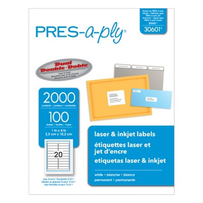 PRES-a-ply Permanent-Adhesive Address Labels For Laser and Inkjet Printers, 1 x 4 Inches, White, Box of 2000