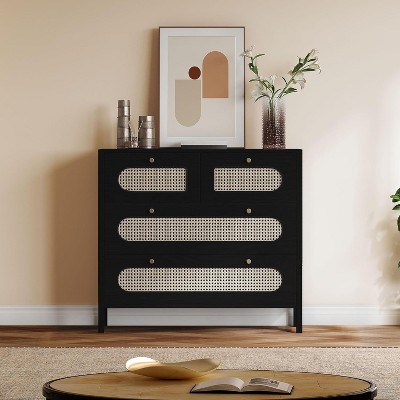 Natural Rattan Buffet Sideboard Cabinet 4 Drawer Dresser Boho Chest of Drawers with Golden Handles Wood Storage Cabinet Oak or Black