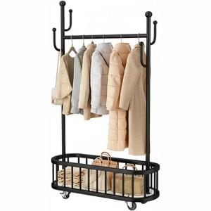 Freestanding Clothes Rack w/ Storage Basket & Hooks - Mobile Multi-Functional Hanging Rack w/ Wheels for Bedroom, Living Room - 1 of 2