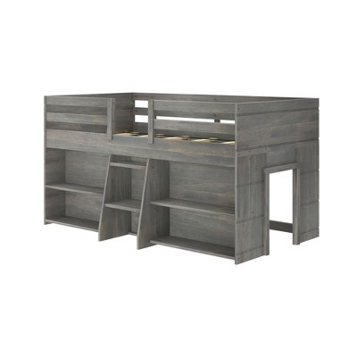 Driftwood Twin Loft Bed with Pine Wood Frame and Bookcases