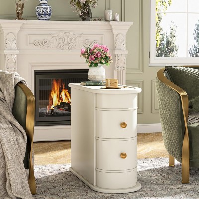 Off-White Round Wood Nightstand with Gold Handles and Storage