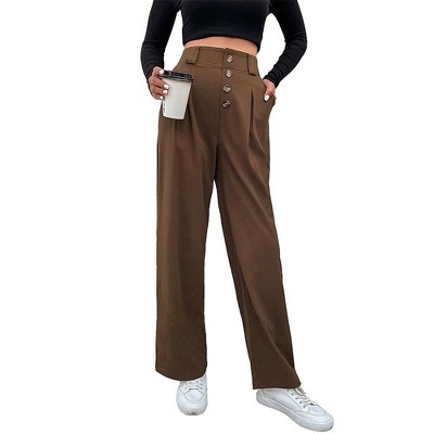Coolmee Womens Business Casual High Waist Button Stretchy Work Pants Straight Leg Office Dress Pant Trousers with Pocket