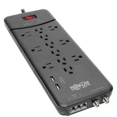 Tripp Lite Protect It!® 4,320-Joules Surge Protector for Telephone, Modem, and Coaxial, 12 Outlets and 2 USB Ports, 8-Ft. Cord, TLP128TTUSBB in Black