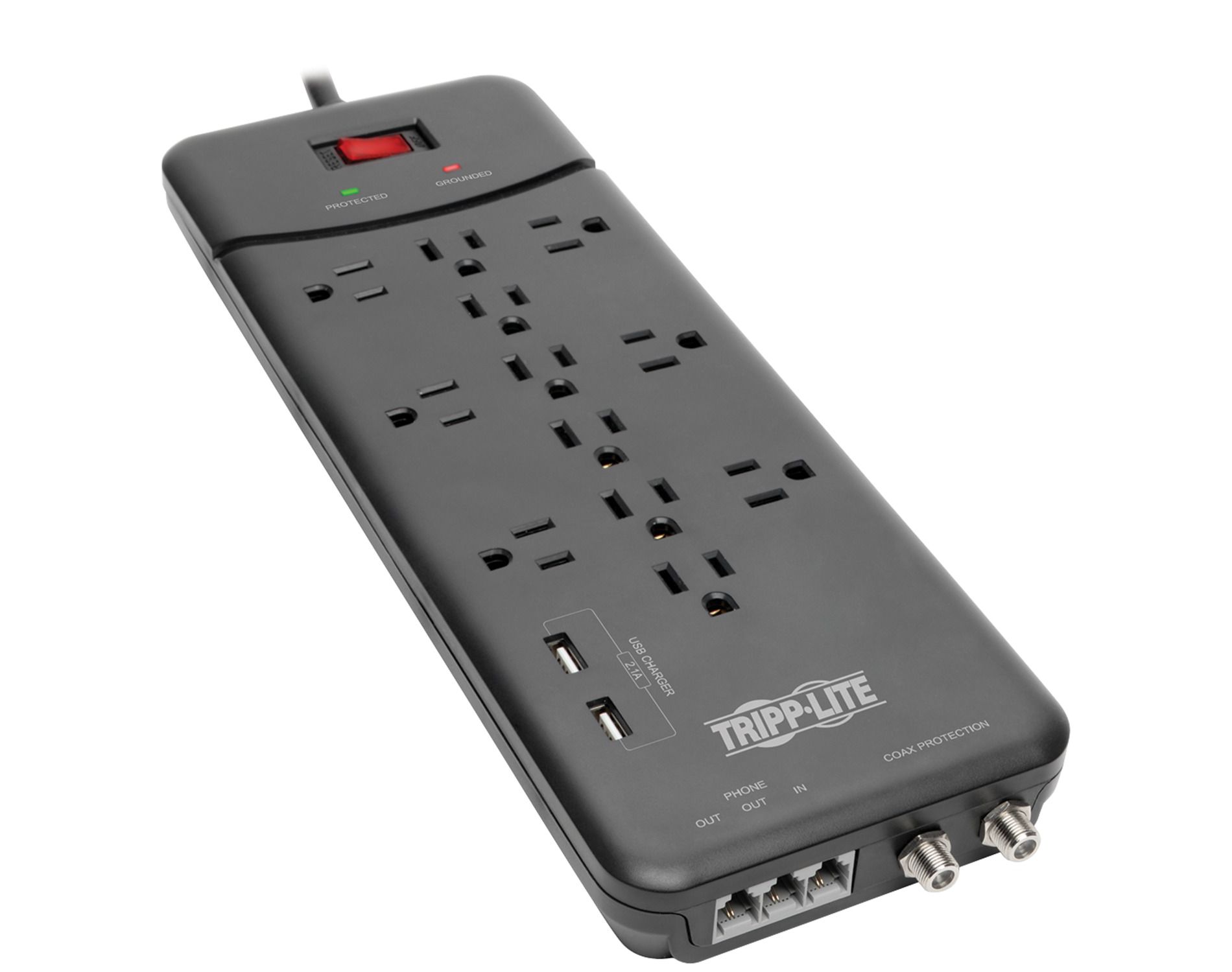 Tripp Lite Protect It!® 4,320-Joules Surge Protector for Telephone, Modem, and Coaxial, 12 Outlets and 2 USB Ports, 8-Ft. Cord, TLP128TTUSBB in Black
