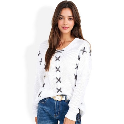 Anna-Kaci Women's V-Neck Waffle Knit Sweater with Cross Stitch Detailing and Long Sleeves