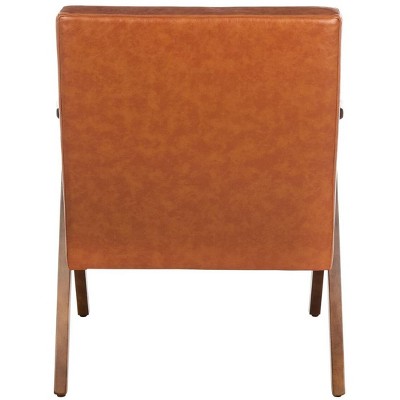 Cognac Faux Leather and Walnut Wood Mid-Century Accent Chair