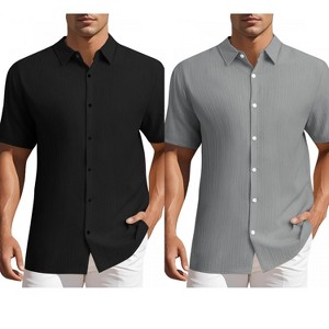 INSPIRE CHIC Men's Summer Point Collar Short Sleeves Button Down Linen Shirts 2 Packs - 1 of 4