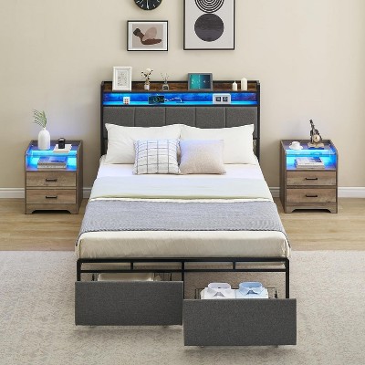 Bed Frame with Storage Headboard Led Lights Charging Station, Upholstered Queen Platform Bed Frames with 2 Drawers, No Box Spring Needed