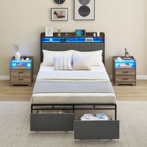 Bed Frame with Storage Headboard Led Lights Charging Station, Upholstered Queen Platform Bed Frames with 2 Drawers, No Box Spring Needed - 1 of 4