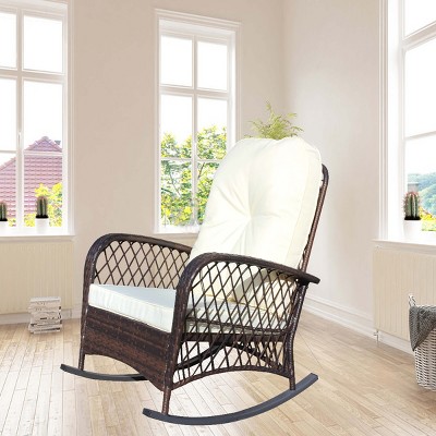 Outdoor Rocking Chair, Wide Seat Accent Chair with PE Cushion and Steel Frame, Rattan Rocker Chair with High Weight Capacity-Coolbibila