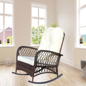 Outdoor Rocking Chair, Wide Seat Accent Chair with PE Cushion and Steel Frame, Rattan Rocker Chair with High Weight Capacity-Coolbibila - 1 of 4