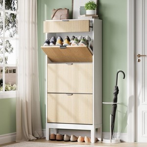 Shoe Cabinet Storage for Entryway, Freestanding Shoe Organizer with 3 Flip Fluted Doors and 1 Drawer - 1 of 4