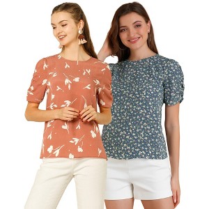 Allegra K Women's Floral Summer Crew Neck Casual Shirred Short Sleeve Blouse 2 Pcs - 1 of 4