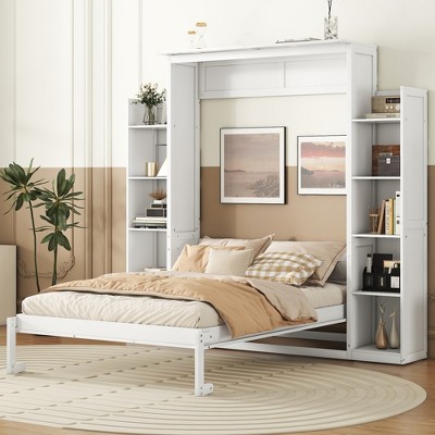 Full/Queen Size Murphy Bed/Wall Bed with Shelves and LED Lights 4A - ModernLuxe