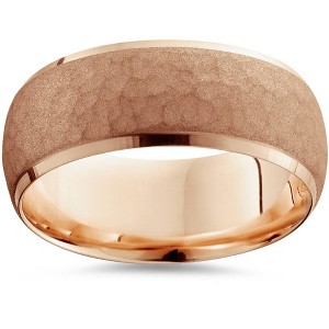 Pompeii3 7mm 14K Rose Gold Hammered Wedding Band Beveled Edge Mens - 1 of 3