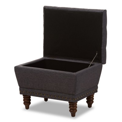 Dark Grey Fabric Upholstered Button-Tufted Storage Ottoman with Walnut Wood Legs