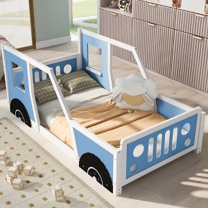 Twin Size Classic Car-Shaped Platform Bed With Wheels, Headboard, Footboard, 2 Doors And Windows On Either Side - 1 of 4