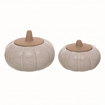 Transpac Terracotta 4.75 in. Off-White Autumn Pumpkin Jar with Lid Set of 2