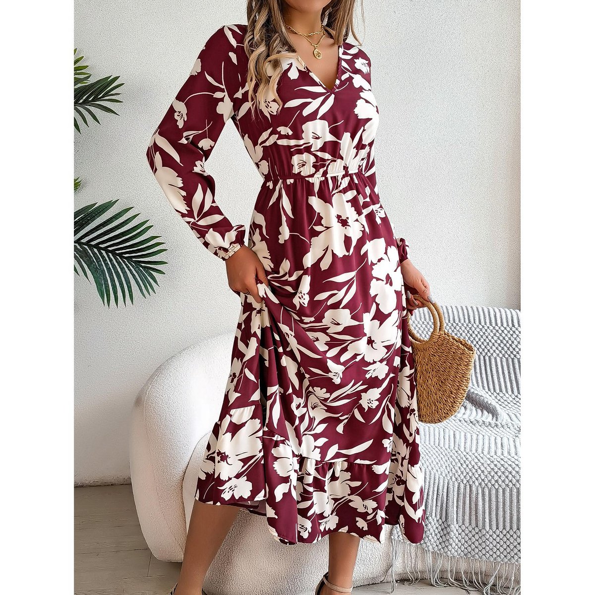 Женские платья YesFashion Women's Dresses Long Sleeve V Neck Ruffle Casual Floral Print Midi Dress,L,Wine Red — фото 2