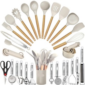 Aoibox 35-Piece Kitchen Utensil Set with Wooden Handles & Silicone Heads - Includes Spatula, Spoon, Turner, Tongs, Grater & More for Nonstick Cookware - 1 of 4