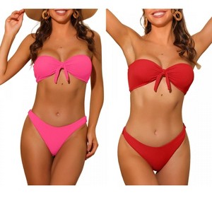 INSPIRE CHIC Women's Bandeau Ribbed Bowknot Strapless with Bottoms Swimwear Bikini 2 Set - 1 of 4
