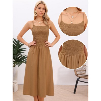 Женские платья INSPIRE CHIC Women's Spaghetti Strap Smocked A Line Swing Flowy Summer Beach Midi Dresses Medium Brown — фото 2