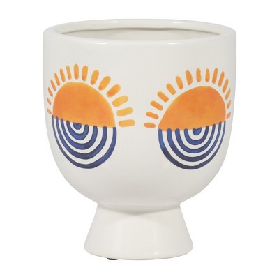 Sagebrook Home 7"H Diameter, Ceramic Sunrise Eyes Flower Vase, White/Yellow/Blue Finish, Decorative Vase Wedding and Home Decor Accessories, Crafted
