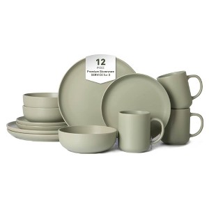 Rbied 12-Piece Stoneware Dinnerware Sets W/ Mugs, Microwave & Dishwasher Safe, Non-Toxic Dinner Plates Bowls Set, Matte Glaze Kitchenware for 3 - 1 of 4