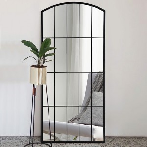 Dovelina Arched Metal Framed with Window Pane Decorative Wall Mirror Large Mirror - 67"x28", Black - 1 of 4
