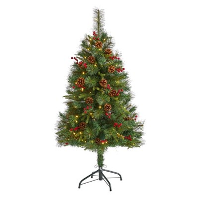 Nearly Natural 4’ Mixed Pine Prelit LED Artificial Christmas Tree with Pine Cones and Berries