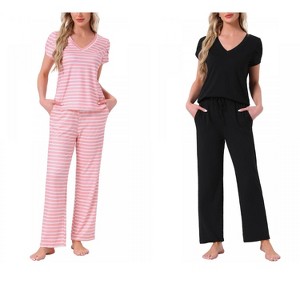 INSPIRE CHIC Women's 2 Pcs Short-Sleeve V-neck Tee & Drawstring Pants Pajama Sets with Pockets - 1 of 4